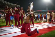 KOLKATA, WEST BENGAL - APRIL 03:  Chris Gayle of the West Indies celebrates victory during the ICC World Twenty20 India 2016 Final match between England and West Indies at Eden Gardens on April 3, 2016 in Kolkata, India.  (Photo by Ryan Pierse/Getty Images)